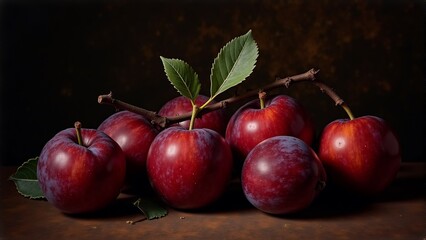 a bunch of apples on the table with a leaf at the end