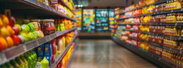 Supermarket aisle with colorful products on shelves