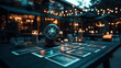 © OMD - A table setup for a tarot card reading session in an outdoor setting at night, featuring lit candles, tarot cards, and a glowing crystal ball with string lights in the background.
