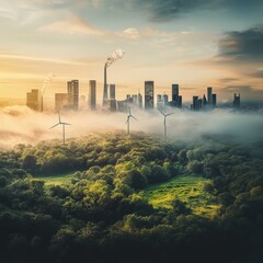 Sticker - Cityscape shrouded in fog with wind turbines and forest.