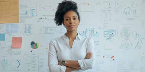 A woman stands in front of a white board with a lot of graphs and charts. She is wearing a white shirt and has her arms crossed