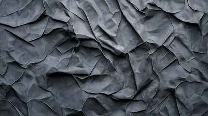 Close-up of a dark gray textured crumpled paper background creating a rough and uneven pattern with shadows and highlights emphasizing the wrinkled surfaces.