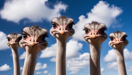 Poster - Five ostriches look directly into the camera against a background of blue sky with white clouds.