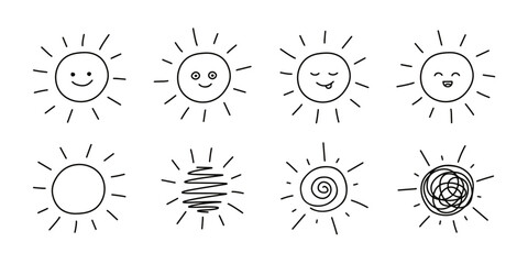 Wall Mural - Sun icon line set, doodle hand drawn set. Sunshine and solar glow. Decorative circle sun and sunlight with happy face. Hot solar energy. Children paint. Vector illustration