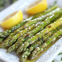 Sticker - Close up of grilled asparagus spears with lemon wedges, drizzled with olive oil and seasonings.