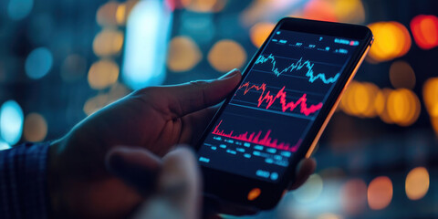 Businessman holds a smartphone showing a stock market graph against city lights. The image blends finance, business, and technology in a modern urban setting