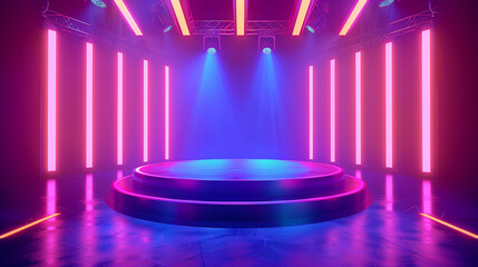 Wall Mural - Futuristic stage glowing neon line led lights vibrant platform modern show backdrop performance dramatic setup illuminated event template copy space platform show banner background

