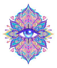 Sticker - Sacred geometry symbol with all seeing eye over in acid colors. Mystic, alchemy, occult concept. Design for indie music cover, t-shirt print, psychedelic poster, flyer. Astrology, esoteric, religion.