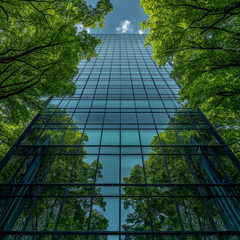 Wall Mural - A tall building with a lot of glass windows and trees in the background