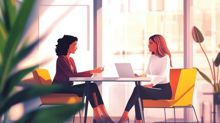 Two women engaged in a friendly business meeting at a bright office space in the late afternoon