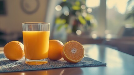 A refreshing glass of orange juice next to fresh oranges on a table, creating a vibrant, sunny breakfast scene