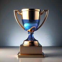 A 3D rendering of a gold trophy with a blue. swirling icon inside.