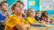 © thekob5123 - Bright and cheerful classroom setting with primary students engaging in emotional learning activities, displaying a range of expressions from joy to contemplation. Copy space for text