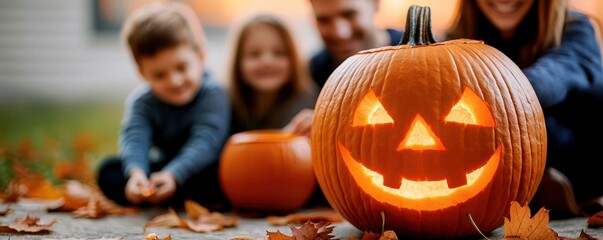 A family of four carving pumpkins in their backyard, autumn leaves scattered around, evening sky glowing pumpkin carving, Halloween family activity, cozy autumn scene