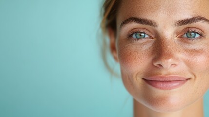 A beautiful close-up shot of a woman's face showcasing her natural freckles and striking blue eyes, highlighting her fresh, serene, and confident appearance.