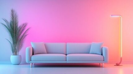 Minimalist living room interior with a white couch, a potted plant, and a floor lamp against a vibrant pink and blue gradient wall.