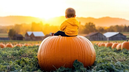 A child sitting on a large pumpkin in the middle of a patch, sun setting over the distant hills, farm buildings visible child pumpkin picking, countryside sunset, farm scenery