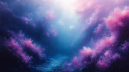 Wall Mural - A blue sky with pink clouds and purple flowers