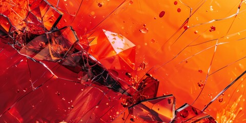 Wall Mural - Abstract background with broken glass and paint splashes, bright orange and red tones, smooth shapes.