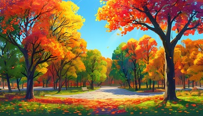 Vibrant autumn park panorama showcasing colorful trees and the beauty of fall season for wallpaper and backdrop design