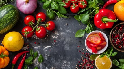 Wall Mural - Assortment of fresh vegetables and spices on a dark textured surface