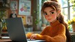 © Sarawut - A 3D animated young girl studying online with a laptop, seated in a bright and cozy study nook. The scene features educational posters, notebooks, and a modern laptop setup, emphasizing a positive