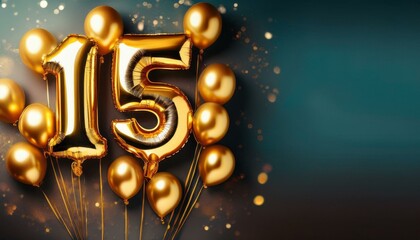 Banner with number 15 golden balloons with copy space