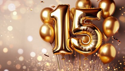 Wall Mural - Banner with number 15 golden balloons with copy space