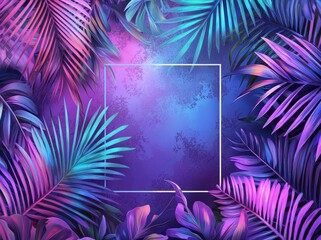 Flat lay design background with tropical palm leaves in neon party fluorescent color