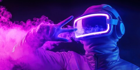 A futuristic figure in a neon-lit environment, wearing a VR headset and giving a peace sign amidst colorful smoke. 3D