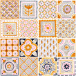 © flovie - Multicolored tile seamless pattern. Handwork with markers on paper. Bohemian print for textiles. Gold, pink and black elements on a white background. Isolated square elements. Cute clip art.