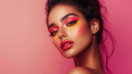 a beautiful woman showcasing vibrant makeup with a playful pose against a soft pink background, exud