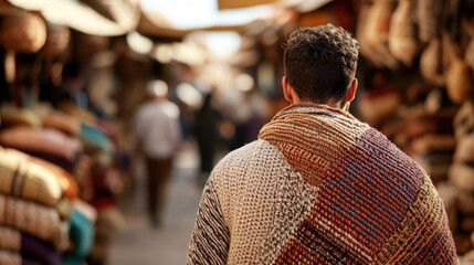 A person dressed in a cozy knit sweater navigating through a lively market with colorful textiles, seen from behind as they explore the bustling environment.