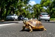 © Sanchai - Turtle crossing the road, moving cautiously and patiently as cars slow down to let it pass safely