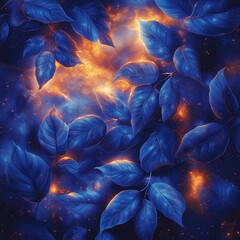 Wall Mural - A blue leafy background with orange stars and a blue leafy foreground