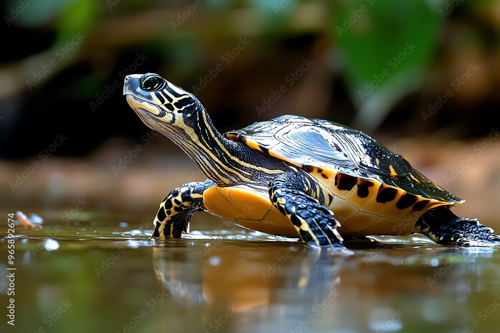 Turtle exploring a shallow lagoon, moving slowly through the water as ...