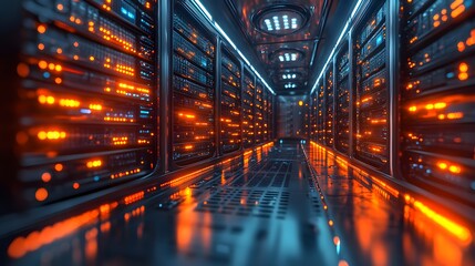Detailed view of a server room filled with data servers and cables, highlighting a professional setting for data analysis work. 3D realistic illustration captures the intricate details of the server