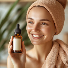 Canvas Print - A smiling woman holding a bottle of essential oil in her hand, essential bottle mockup for advertising, Ai generated images