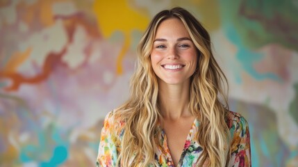 Joyful caucasian blonde woman is surrounded by vibrant marble texture colorful background and some.bokeh lights, her smile full of energy. The playful scene fits themes of celebration and fun.