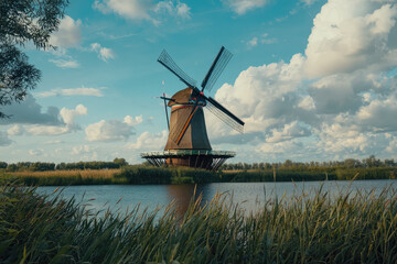 A traditional windmill stands majestically in Dutch countryside, surrounded by lush greenery and serene waterway. picturesque scene captures essence of rural tranquility and natural beauty