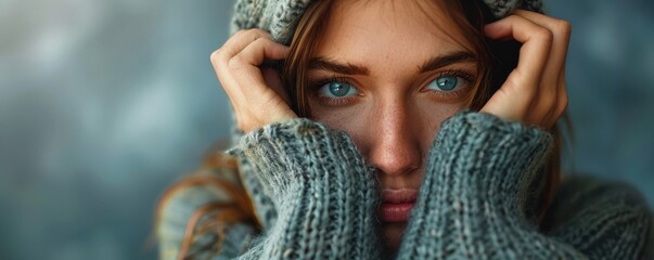 Canvas Print - Close-up of a woman with blue eyes, partially covered by a grey knitted garment, expressing a sense of mystery and introspection. Free copy space for banner.