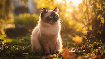 Wall Mural - A serene cat sitting in a sunlit garden surrounded by autumn leaves.