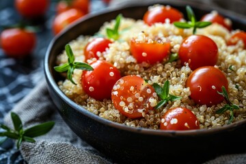 Wall Mural - Healthy Quinoa Salad with Cherry Tomatoes and Fresh Herbs in a Bowl. Vegan and Gluten-Free Meal