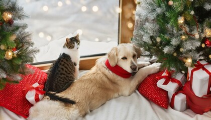 Wall Mural - Dog and Cat Cuddled by a Christmas Tree.