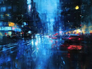 abstract nighttime cityscape blurred streaks of light reflections on wet asphalt moody urban atmosphere in deep blues and blacks