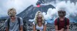 © Dalibor - Three teenagers focused on their phones, oblivious to an erupting volcano in the background, highlighting digital distraction.