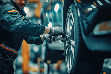 Wall Mural - Mechanic performing wheel alignment on vehicle in workshop, showcasing precision and expertise. focus is on technicians skillful handling of equipment