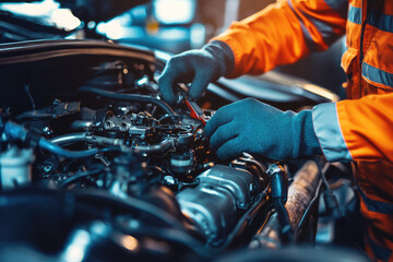 Wall Mural - Mechanic performing routine maintenance on car engine, wearing an orange safety jacket and gloves, focused on task at hand. environment is well lit, highlighting intricate details of engine components