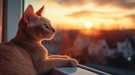 Wall Mural - A serene orange cat gazes out the window at a sunset over a quiet neighborhood.