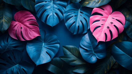 a blue background with pink and blue leaves
